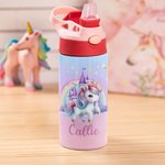 Personalised Fantasy Rainbow Unicorn Castle 12oz Insulated Kid Water Bottle with Handle and Silicone Straw Birthday Christmas Gift for Girls