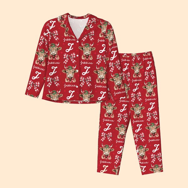 Personalized Plaid Bow Wreath Highland Cow Soft Long-Sleeve Shirt Pants Pajama Set with Name and Initial Christmas Gift for Women