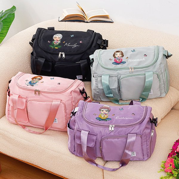Personalized Waterproof Cartoon Birth Flower Name Weekend Bag with Shoulder Strap and Compartments Birthday Christmas Gift for Women