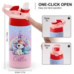 Personalised Fantasy Rainbow Unicorn Castle 12oz Insulated Kid Water Bottle with Handle and Silicone Straw Birthday Christmas Gift for Girls