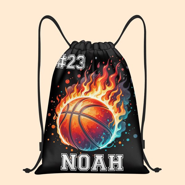 Gepersonaliseerde Fire Flame Baseball Basketball Softball Sports Ball Drawstring rugzak met naam en nummer team verjaardag Gift voor sportliefhebbers