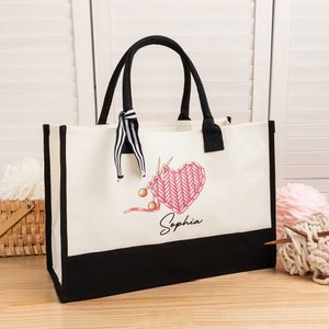 Personalised Crochet Knitting Theme Canvas Tote Bag with Name and Waterproof Liner Birthday Gift for Sewing Lovers