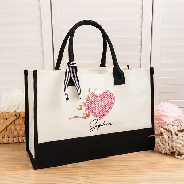 Personalized Crochet Knitting Theme Canvas Tote Bag with Name and Waterproof Liner Birthday Gift for Sewing Lovers