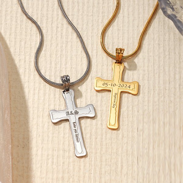 Collier Croix Personnalisée avec Texte Gravé Bijoux Religieux Baptême Cadeau de Noël pour Homme