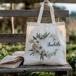 Borsa Tote in tela personalizzata con corona di fiori di nascita e nome Regalo di compleanno per la festa della mamma per le donne