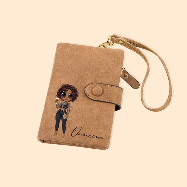 Spersonalizowana moda Cartoon Girl Tri-Fold PU Leather Wristlet Wallet z uchwytem na kartę i imieniem Urodzinowy prezent świąteczny dla kobiet