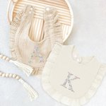 Personalized Floral Letter 100% Cotton Adjustable Muslin Ruffle Baby Bib for Drooling and Teething Birthday Baby Shower Gift for Newborn