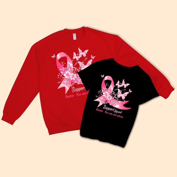 Personalized Pink Ribbon Butterfly Support Squad Sweatshirt T-shirt with Name Encouragement Birthday Gift for Breast Cancer Family