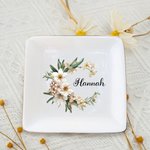 Personalized Birth Flower Wreath Ceramic Square Trinket Jewellery Dish with Name Birthday Christmas Gift for Women