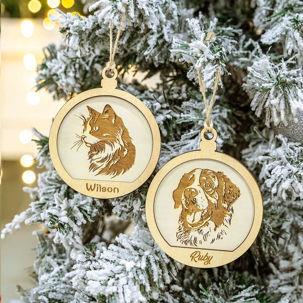 Ornement de Noël rond en bois avec nom, personnalisé, portrait de chien et de chat, décoration de l'arbre de Noël, cadeau pour les amoureux des animau