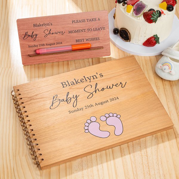 Personalized Wooden Baby Shower Guest book with Name Date Footprint Baby Shower Gift for Newborn Parent