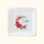 Personalized Birth Flower Wreath Ceramic Square Trinket Jewellery Dish with Name Birthday Christmas Gift for Women