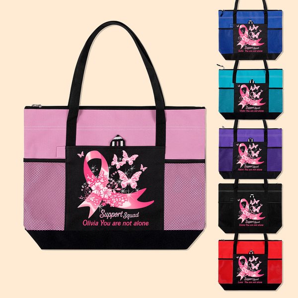 Personalized Pink Ribbon Butterfly Support Squad Large Tote Bag with Name Birthday Encouragement Gift for Breast Cancer Patient