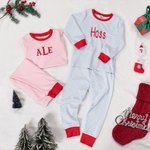 Personalisierte Weihnachten gestreift weichen Pyjama Set mit gestickten Namen Weihnachten Party Geschenk für Jungen Mädchen