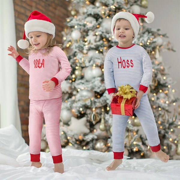 Set di pigiama morbido a righe natalizie personalizzato con nome ricamato Regalo di Natale per bambini e bambine