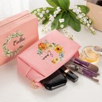 Personalized PU Leather Birth Flower Makeup Bag with Name Waterproof Travel Essentials Birthday Wedding Gift for Women Girls