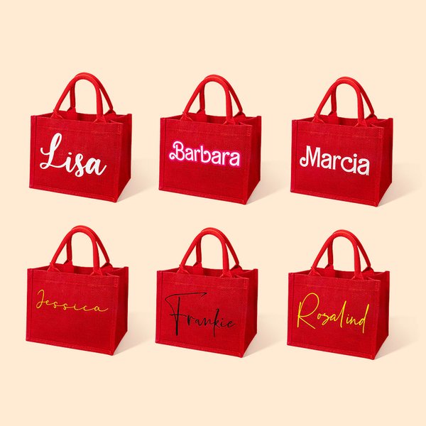 Personalisierte Dolly Curvy Font wiederverwendbare große rote Jute Tasche mit Namen Tote Bag Geburtstag Hochzeit Weihnachten Party Geschenk für Damen