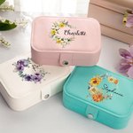 Personalized Birth Flower Wreath 2 Layer Portable Leather Travel Snap Jewelry Case with Name Birthday Anniversary Gift for Women