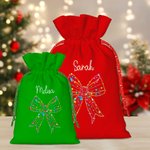 Personalised Coloured Lights Coquette Bow Name Drawstring Gift Bag with Kraft Paper Tag Merry Christmas Party Favors for Kids Family