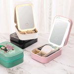 Personalized Cartoon Faux Glitter Christmas Tree Leather Jewellery Box with LED Three-colour Adjustable Makeup Mirror Birthday Gift for Family