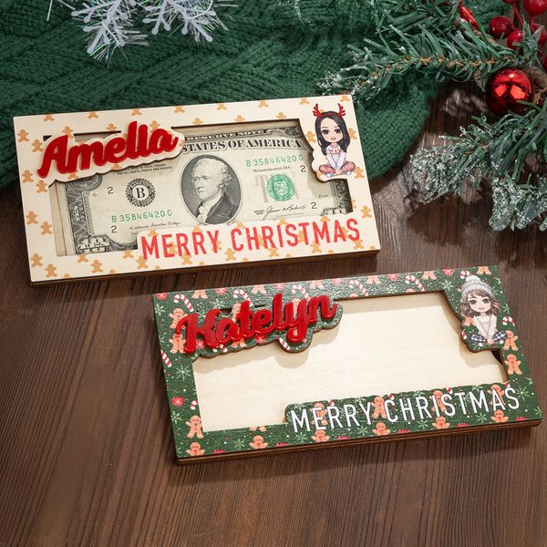Personalized Merry Christmas Cute Cartoon Character Wooden Money Holder with Name Holiday Party Favors Gift for Kids
