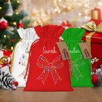 Personalised Coloured Lights Coquette Bow Name Drawstring Gift Bag with Kraft Paper Tag Merry Christmas Party Favors for Kids Family