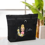 Personalizzato Cartoon Girl Woman Character Large Oxford Tote Bag con nome e corona di fiori di nascita Viaggio Essentials Regalo di compleanno per lei