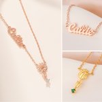 Personalized Vintage Birth Flower Birthstone Necklace with Sideways Name Dainty Jewelry Anniversary Birthday Gift for Women
