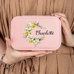 Personalized Birth Flower Wreath 2 Layer Portable Leather Travel Snap Jewelry Case with Name Birthday Anniversary Gift for Women