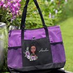 Personalizzato Cartoon Girl Woman Character Large Oxford Tote Bag con nome e corona di fiori di nascita Viaggio Essentials Regalo di compleanno per lei