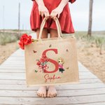 Personalised Birth Flower Bouquet Cute Cartoon Character Reusable Initial Tote Bag with Name Travel Essential Birthday Gift for Women Girls