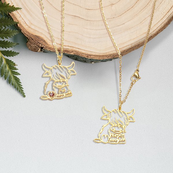 Personalized Hollow Highland Cow Heart Birthstone Necklace with Name Dainty Jewellery Birthday Anniversary Gift for Women Highland Cow Lovers