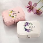 Personalized Birth Flower Wreath 2 Layer Portable Leather Travel Snap Jewelry Case with Name Birthday Anniversary Gift for Women