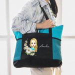 Personalizzato Cartoon Girl Woman Character Large Oxford Tote Bag con nome e corona di fiori di nascita Viaggio Essentials Regalo di compleanno per lei