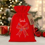 Personalised Coloured Lights Coquette Bow Name Drawstring Gift Bag with Kraft Paper Tag Merry Christmas Party Favors for Kids Family