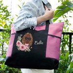 Personalizzato Cartoon Girl Woman Character Large Oxford Tote Bag con nome e corona di fiori di nascita Viaggio Essentials Regalo di compleanno per lei