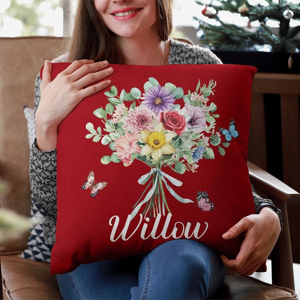 Personalizada Mariposa Nacimiento Bouquet Arrojar Funda de almohada con 1-8 Nombres Multicolor Decoración del Hogar Cumpleaños Regalo de la Familia pa