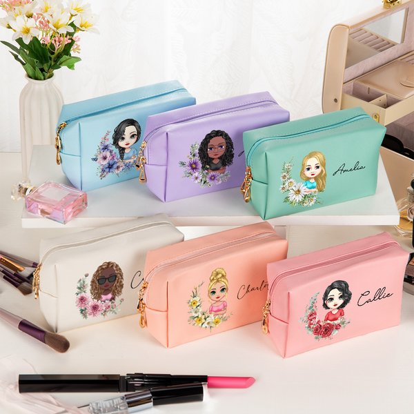 Personalizzato Cartoon personaggio nascita fiore borsa trucco in pelle con nome regalo di compleanno per le ragazze donne