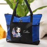 Personalizzato Cartoon Girl Woman Character Large Oxford Tote Bag con nome e corona di fiori di nascita Viaggio Essentials Regalo di compleanno per lei
