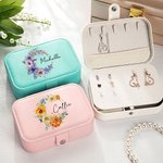 Personalized Birth Flower Wreath 2 Layer Portable Leather Travel Snap Jewelry Case with Name Birthday Anniversary Gift for Women