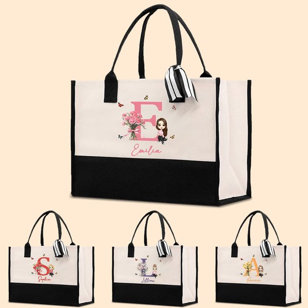 Sac en Toile Réutilisable Personnalisé avec Nom Initiale Fleur de Naissance et Personnage Cadeau Anniversaire pour Femmes Filles