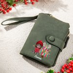 Personalized Christmas Tree Cartoon Girl PU Leather Tri-Folded Name Wallet with Card Holder and Wrist Strap Birthday Gift for Girls Women