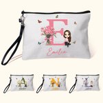 Sac de Maquillage en Toile Personnalisé avec Initiale Nom Personnage de Dessin Animé Accessoire à Bracelet Pratique de Voyage Cadeau pour Femme Fille
