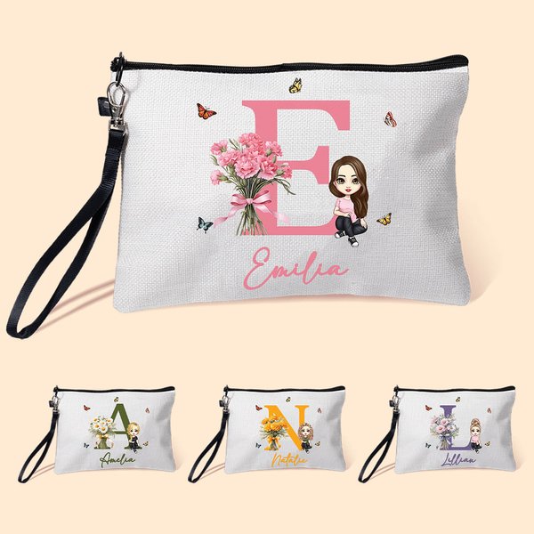 Sac de Maquillage en Toile Personnalisé avec Initiale Nom Personnage de Dessin Animé Accessoire à Bracelet Pratique de Voyage Cadeau pour Femme Fille