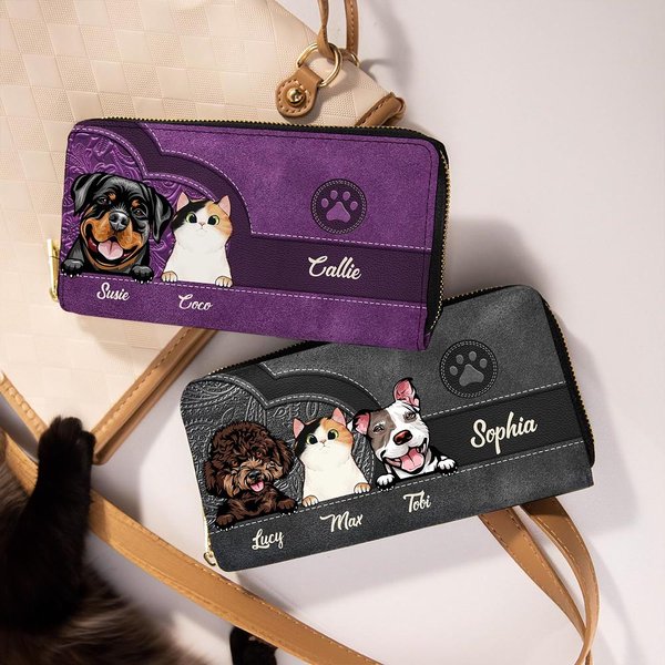 Personalisierte Retro Cartoon-Hund-Katze PU-Leder Geldbörse mit 1-6 Namen Mehrere Fächer Reißverschluss Geburtstag Geschenk für Haustierliebhaber