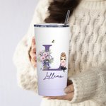 Personalised Gradient Birth Flower Bouquet Cartoon 20oz Initial Name Tumbler with Lid and Straw Birthday Holiday Gift for Women Girls