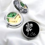 Personalized Birth Flower Round Mini Portable Pill Box with Name and Mirror Birthday Gift for Friends Family