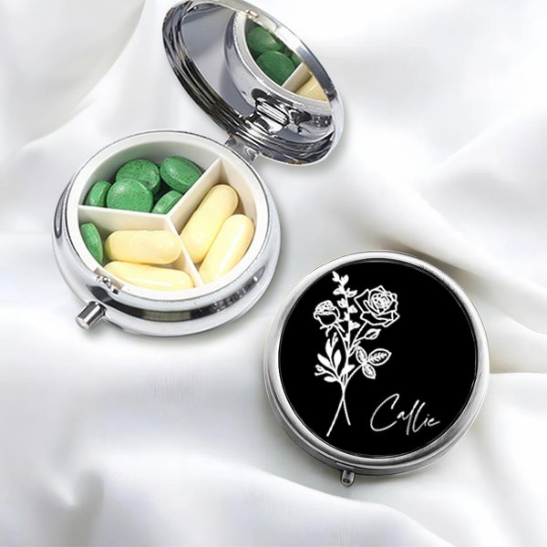 Personalised Birth Flower Round Mini Portable Pill Box with Name and Mirror Birthday Gift for Friends Family