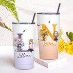 Personalised Gradient Birth Flower Bouquet Cartoon 20oz Initial Name Tumbler with Lid and Straw Birthday Holiday Gift for Women Girls