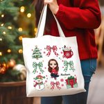 Personalizzato Pupazzo di neve albero di Natale fiocco tela grande Tote Bag con personaggio dei cartoni animati e nome Natale festa bomboniera regalo 